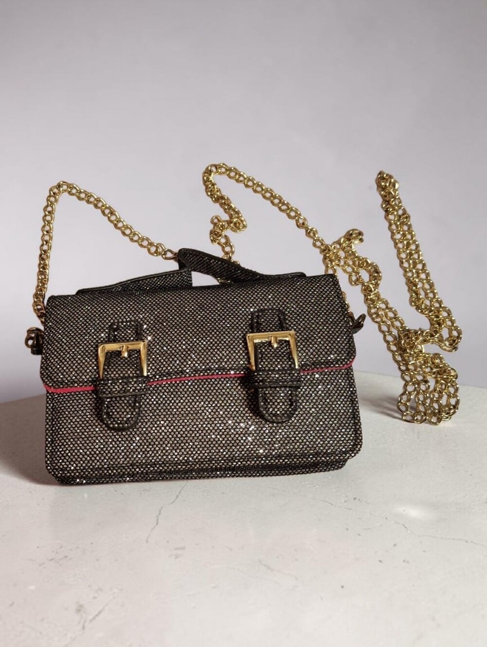 Steve Madden Black Glitter Mini Crossbody Bag with Gold Chain